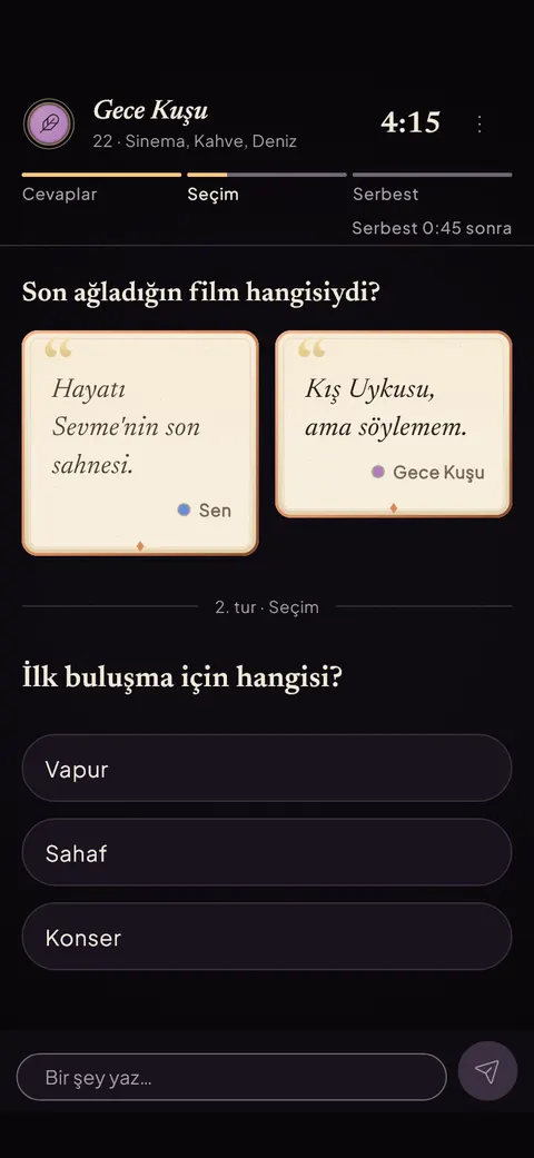 Blindy: the second round of an anonymous chat, both answers to a question and three choices for a first date